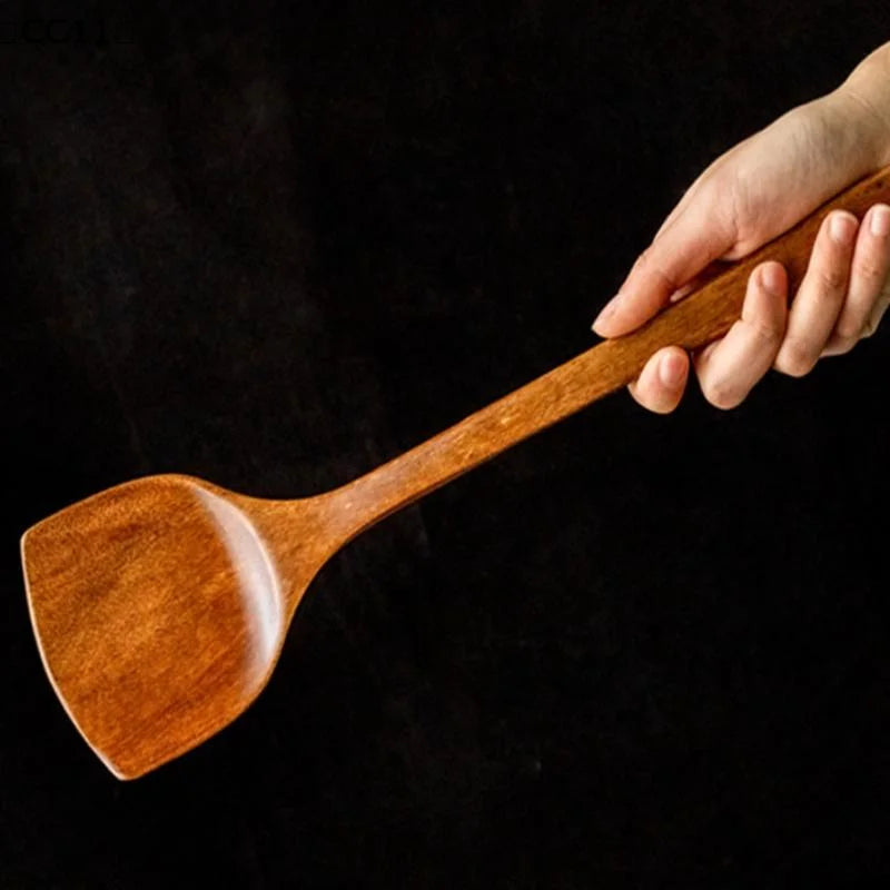 Wooden Spatula Long Handle Heat Resistant Spoon Non-stick Pan Wood Qme