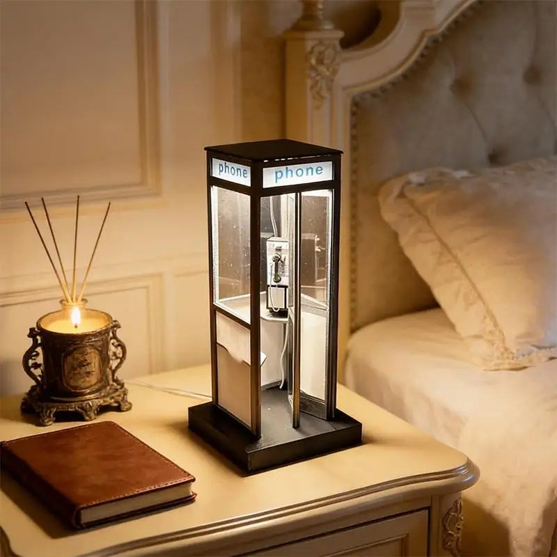 Retro Vintage Tall Phonebooth Lamp, Classic Telephone Booth Table Lamp With Warm LED Light, Phone Box Decorative Night Light. Qme