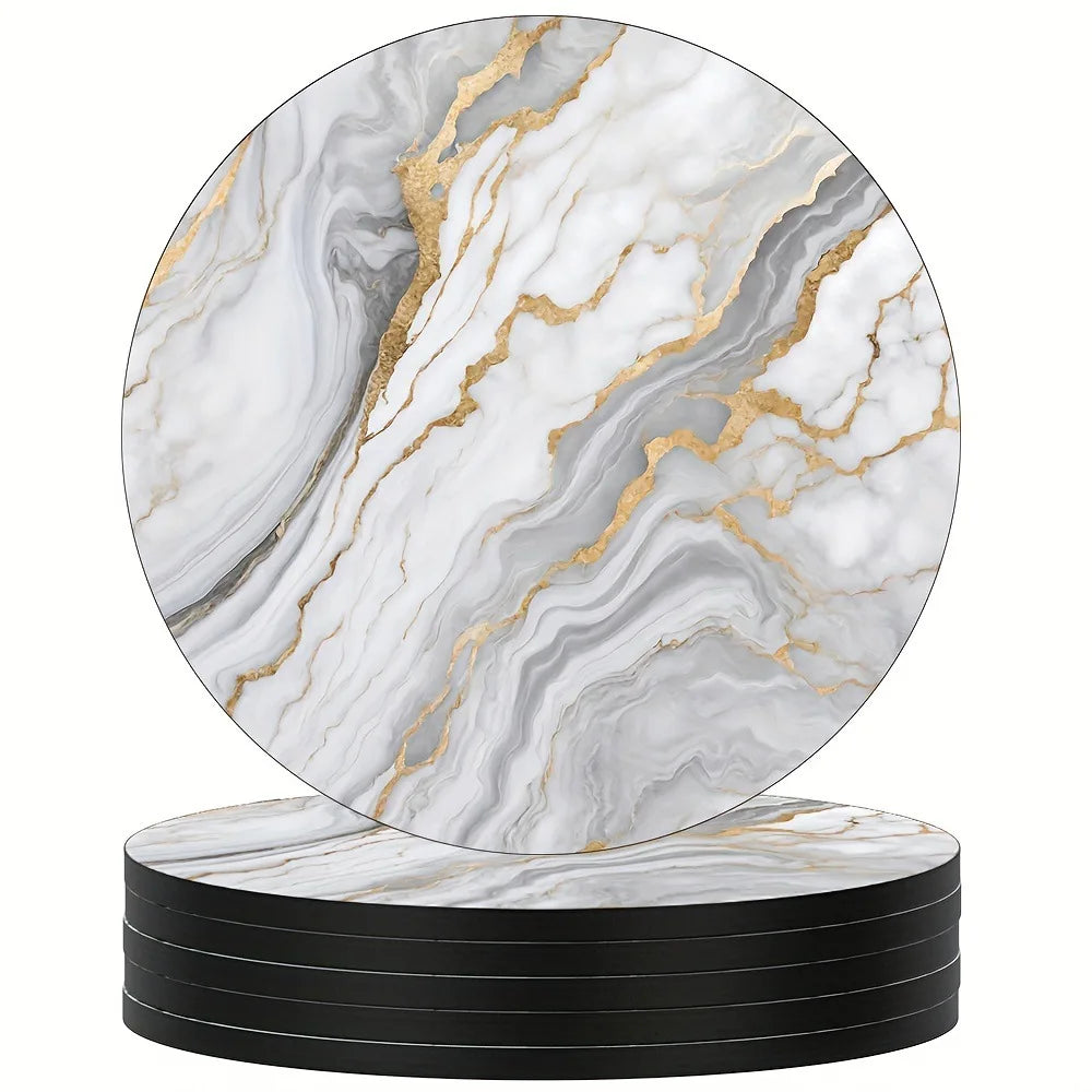 Marble Veining Wooden Drink Coasters Round Absorbent Funny Cold Qme Wooden white 6Pcs