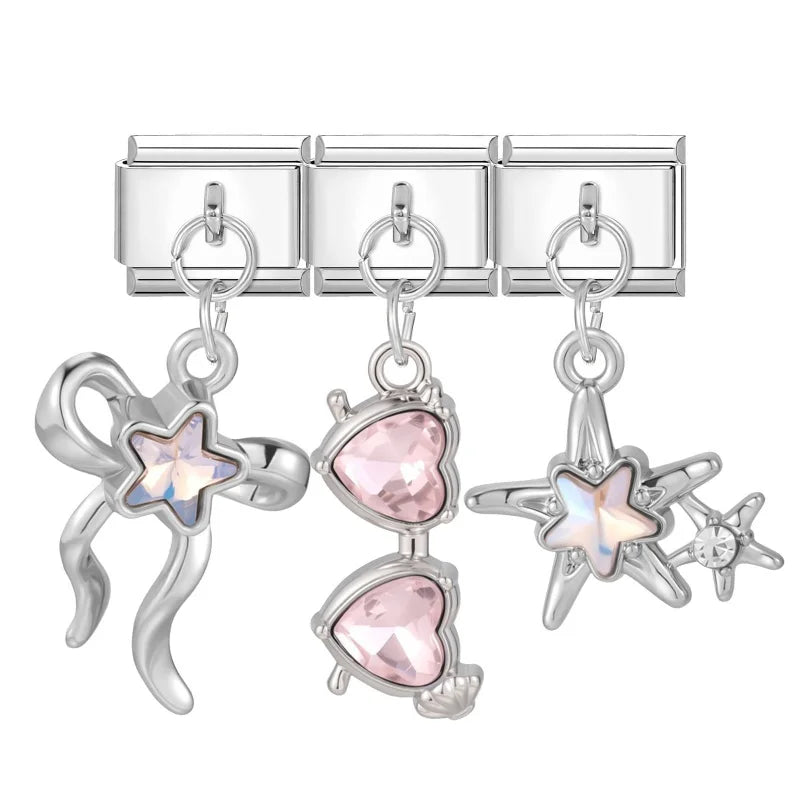 Wholesale 3Pcs Shiny Zircon Stars Bow Knot Italian Charm Links Fit 9mm Stainless Steel Bracelet Women Jewelry DIY Making Gifts Qme Style 8