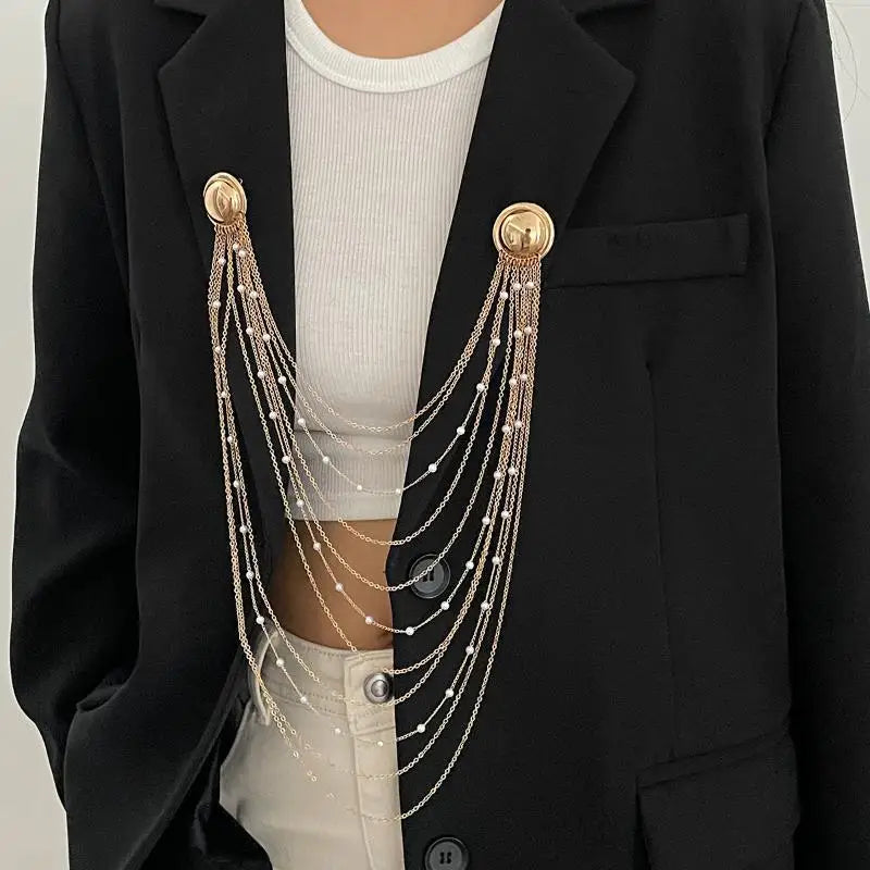 Creative Iron Tassel Chain Brooch Multi Layer Exaggerated Geometric Pearl Pins Clip Fashion Banquet Jewelry Accessories Qme A3