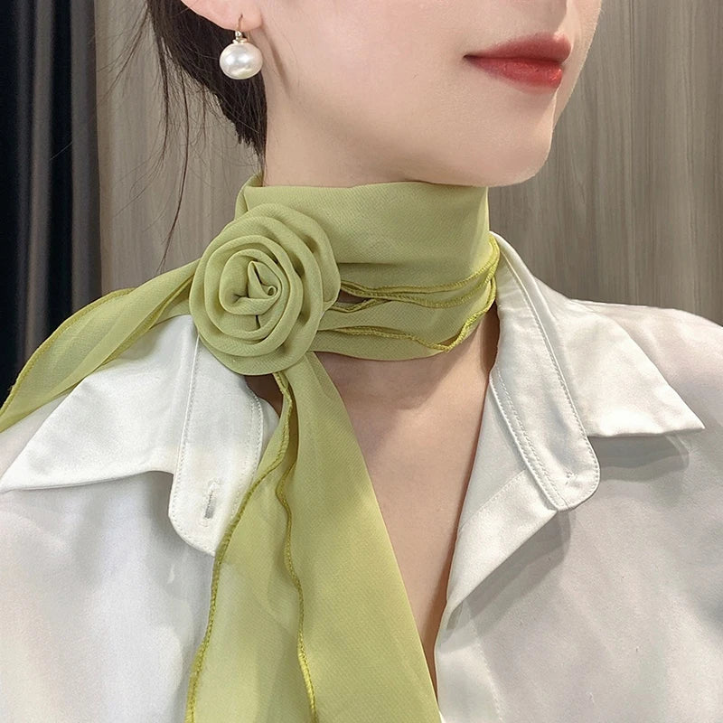 Versatile Rose Design Silk Scarf Soft Neckerchief Girls Women Long Qme