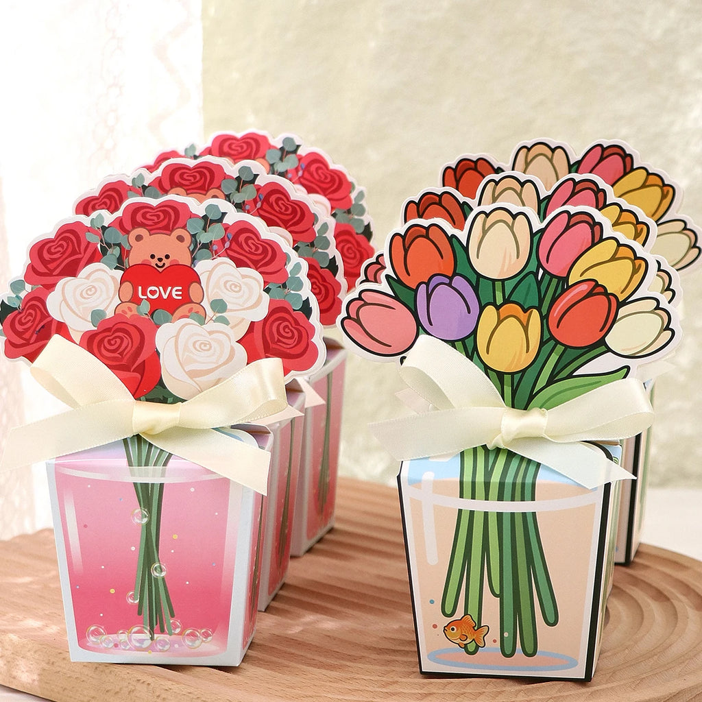 10 Creative 3D Tulip Bouquet Gift Boxes, Romantic Rose Teddy Bear Bouquet Gift Boxes, Hand-Painted Transparent Vases Decorated with Fish-Shaped Patterns, Paired with Off-White Satin Ribbon Bows, Holiday Party Tabletop Decorat Qme