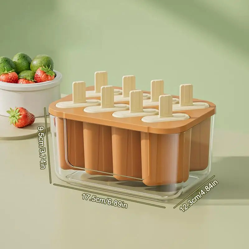 8-Cavity Ice Mold Reusable Easy-release Freezer Tray Sticks Silicone Qme Brown