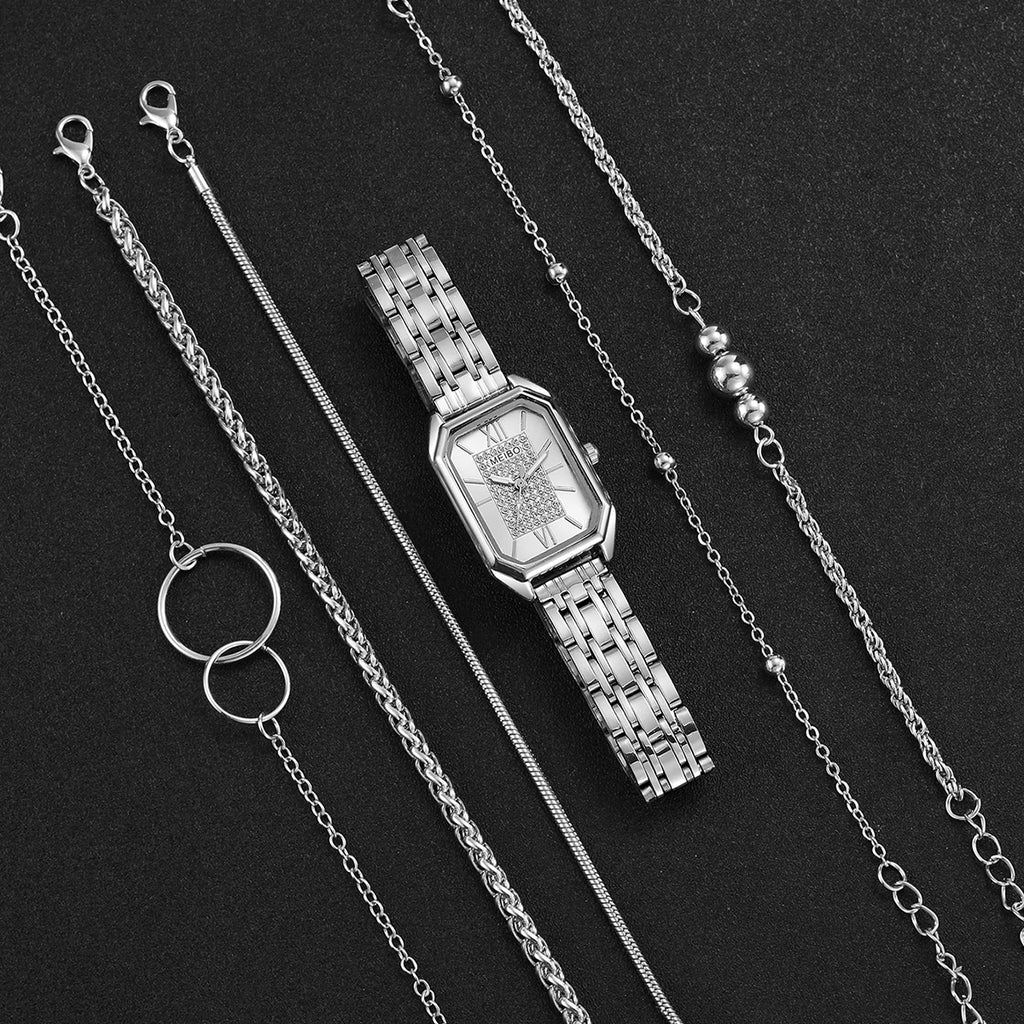 6 Pcs/set Women's Fashion Watch Rectangle Dial Quartz Watches Steel Band Silver Ladies Wrist Watches Bracelets Set Qme