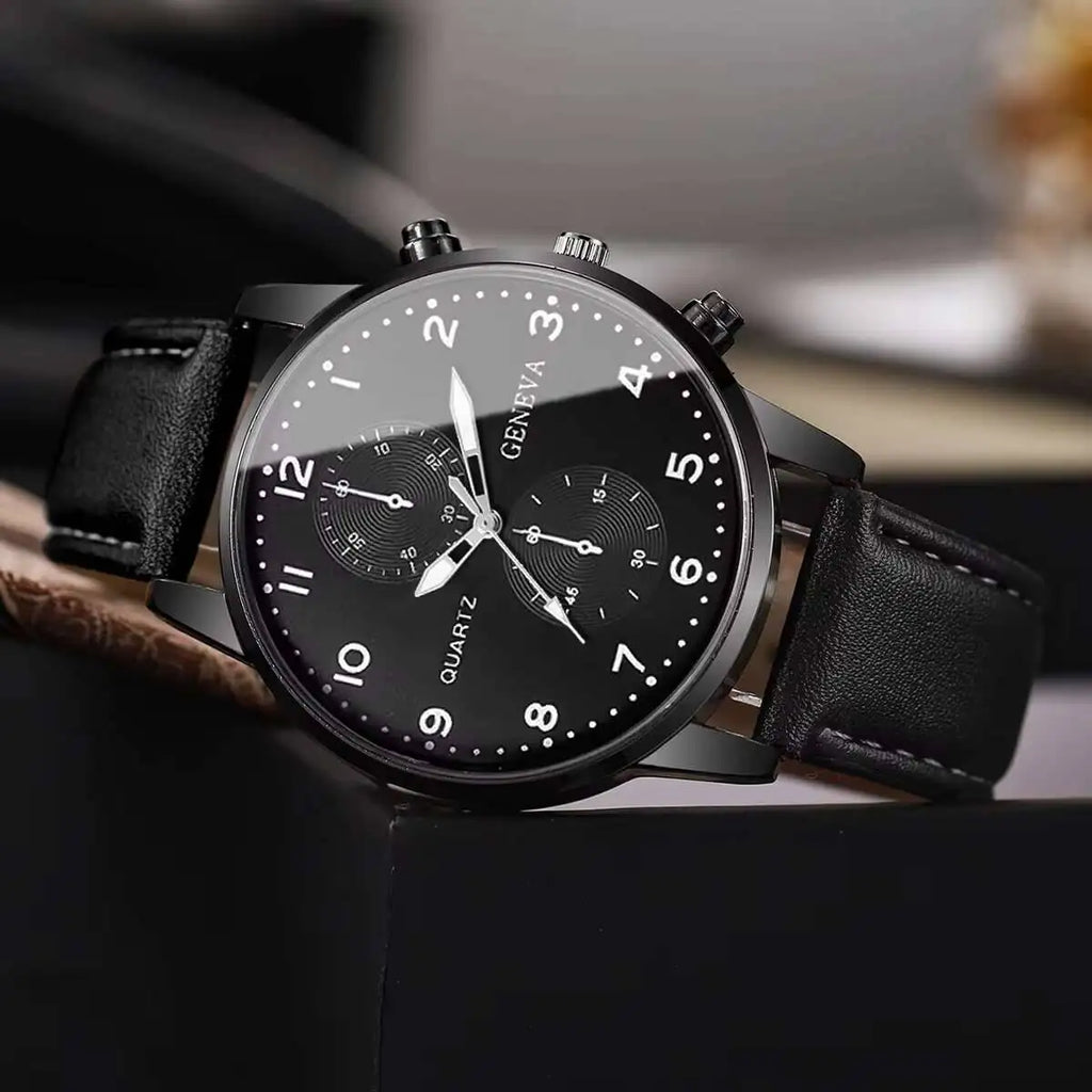 2PCS Three eye business casual trendy belt quartz watch high-end atmospheric watch large dial light luxury Qme