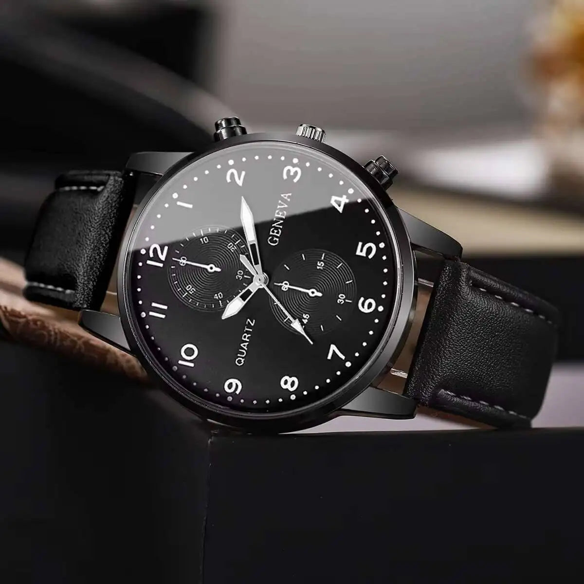 2PCS Three eye business casual trendy belt quartz watch high-end atmospheric watch large dial light luxury Qme