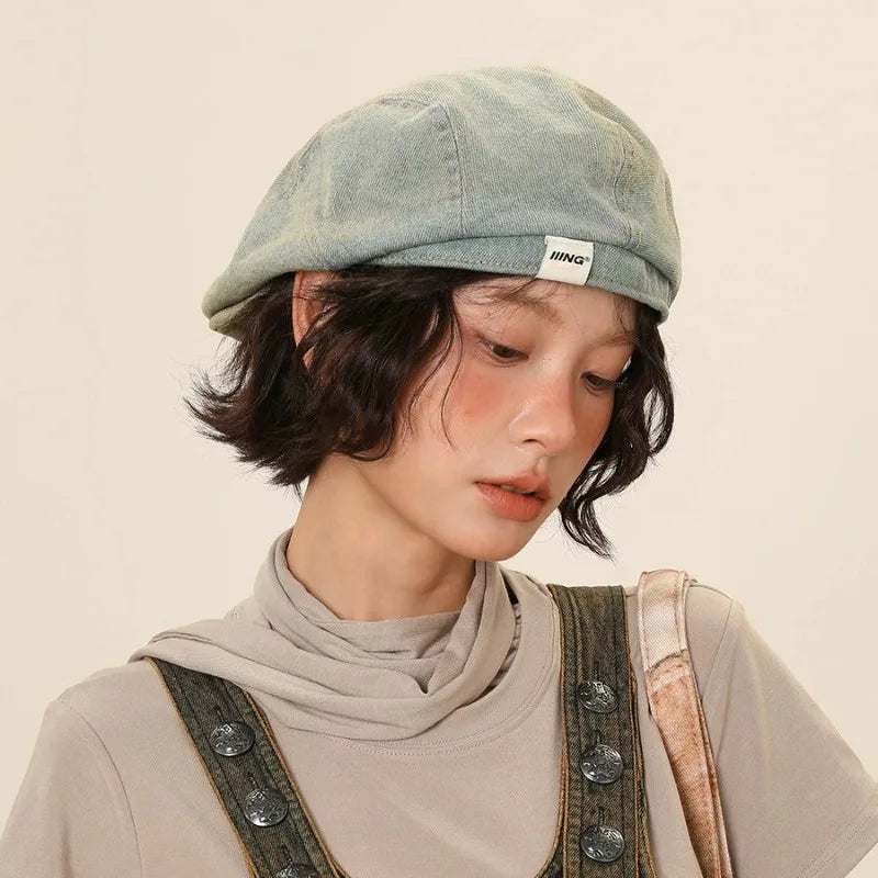 Retro Denim Beret Women's Summer Versatile Washed Old Big Head Qme