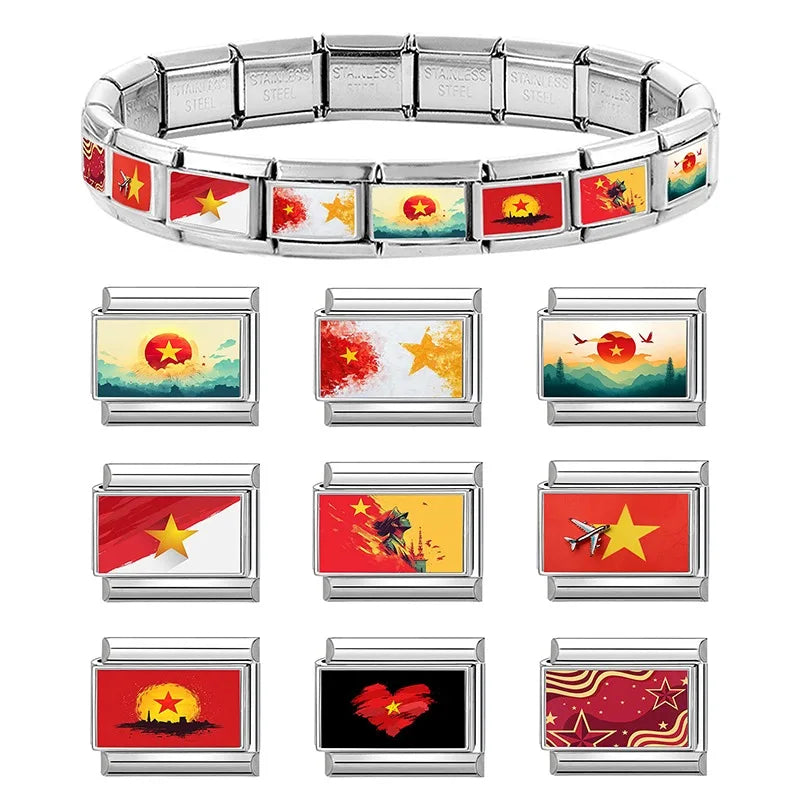 2026 Fashion Vietnamese Independence Day Series Italian Link Fit 9mm Stainless Steel Bracelet Making Bead Charm Jewelry DIY Gift Qme
