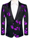 Vintage Men's Black Purple Floral Print Shawl Lapel Blazer Jacquard Tuxedo Jacket Formal Suit Coat for Wedding Prom Groom Qme XX-1113 XXXL