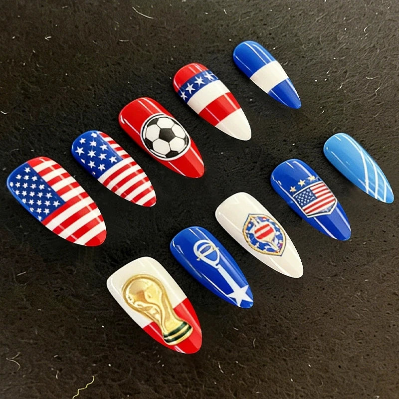 American USA National Team Sports Fan High Class Almond False Press On Nails US National Flag Themed Decorative Artificial Nail Qme