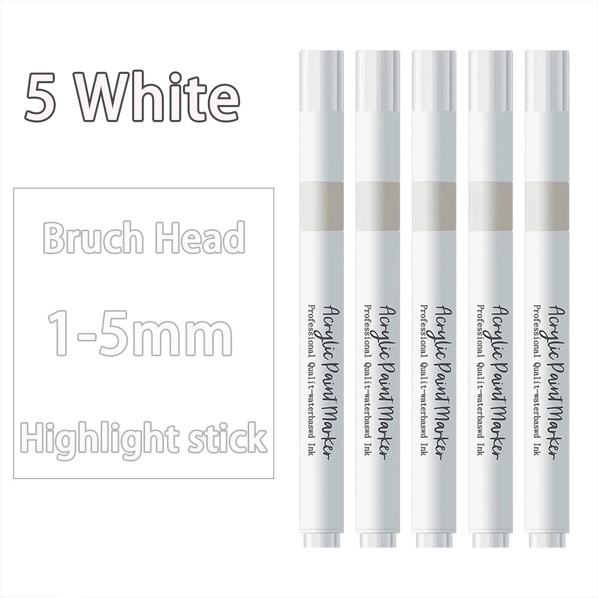 2-6 Pack White Brush Tip Acrylic Marker 1-5mm Fine Point Art Marker Pen for Drawing Highlight Fine Details DIY Craft Supplies Qme 5 White