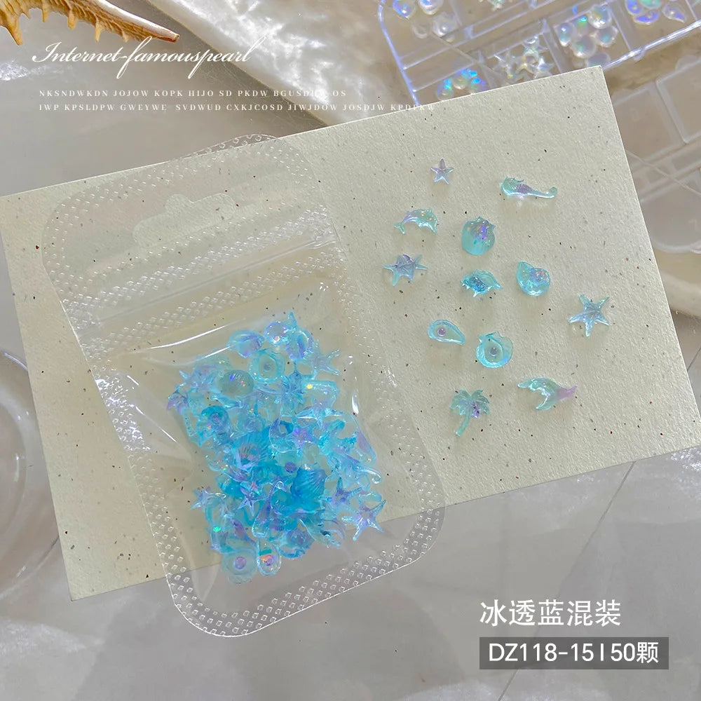 Mixed Aurora Shell Nail Charms Ocean Series Starfish Conch Coconut Tree Resin Nail Art Decorations DIY Manicure Accessories Qme F 50pcs mix per pack