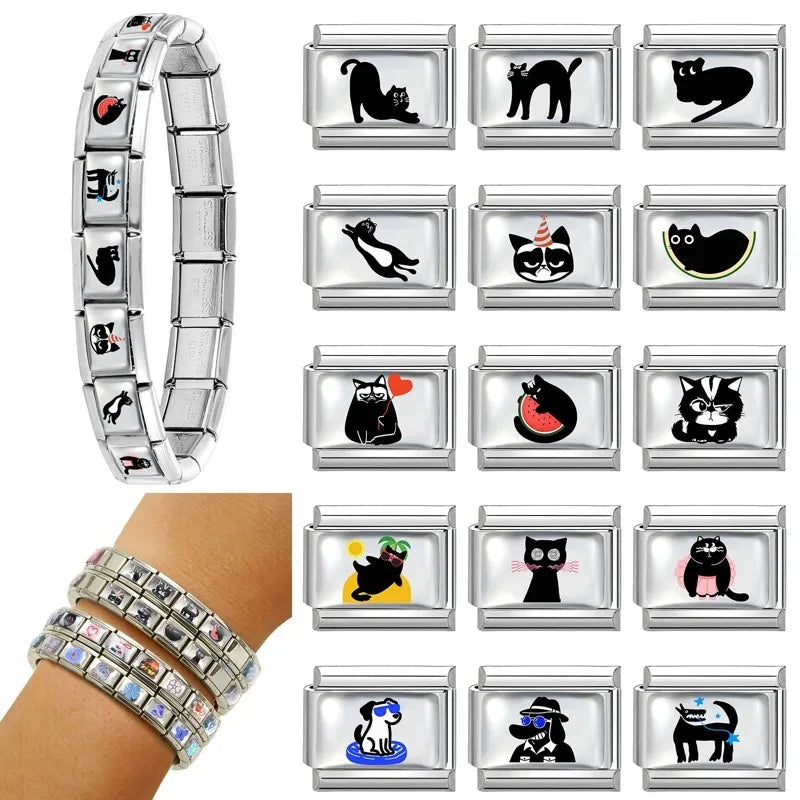 Fashion Cat Watermelon Dog Sunglasses Charm Bracelet Fit 9mm Bracelet Stainless Steel Italian Links Making DIY Jewelry Wholesale Qme