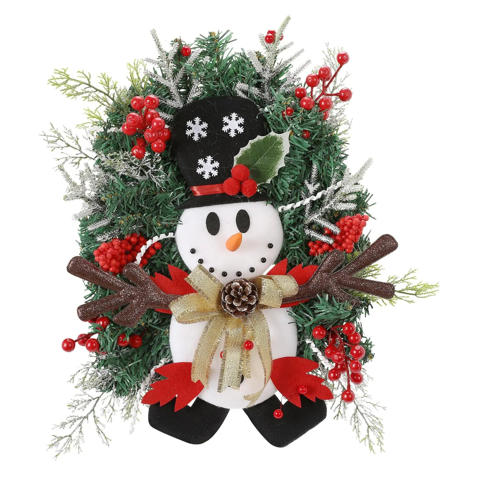 Snowman Christmas Wreath Artificial Front Door Garland Red Berries Pine Branches Hanging Decorations for Home Wall Window Qme black One Size