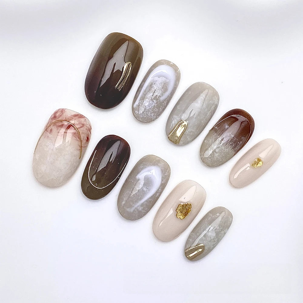 Handmade Simple Brown Grey Fake Press Nails Golden Line Design Tips Qme