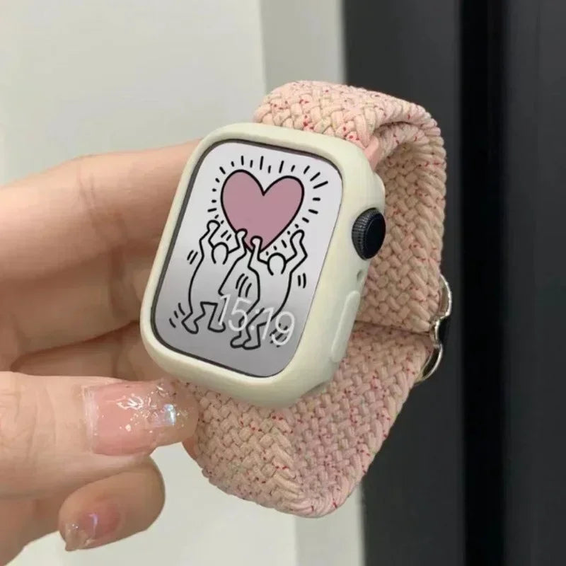 Korean Cute Braied Strap + Case For Apple Watch Band 49mm 41mm 45 44 38 42 Nylon Bracelet For iWatch Series 9 8 7 6 5 4 3 SE 40 Qme Pink star For Series 789 45mm