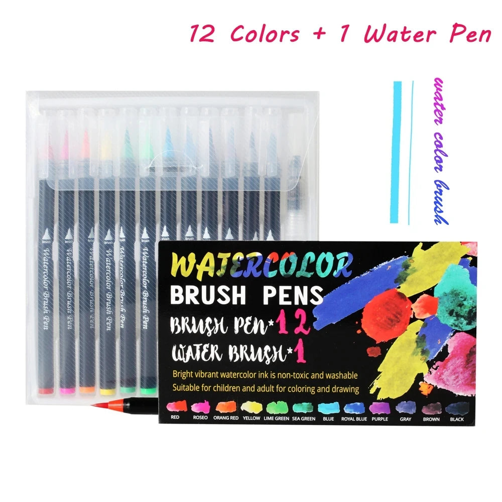 12-72 Colors Watercolor Brush Pens Soft Tip Art Markers for Drawing Coloring Manga Calligraphy School Stationery Supplies Qme 12Color-1Water Pen