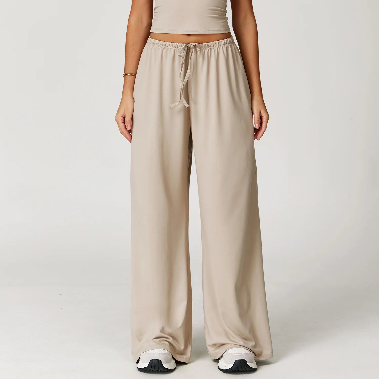 A Women Drawstring High Waist Sports Pants Quick Dry Full Length Wide Leg Yoga Trousers With Pockets For Workout Outdoor Use Qme flaxen L
