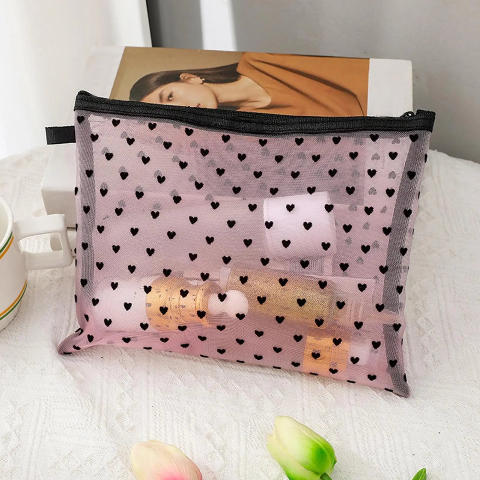 Makeup Bag Heart Print Mesh Portable Zippered Pouch Cosmetic Qme