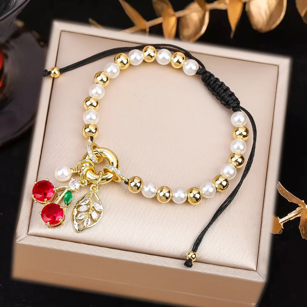 High Quality Pearl Chain Braided Crystal Cherry Adjustable Rope Bracelet Charming For Woman Girl Party Jewelry Gift Daily Wear Qme A