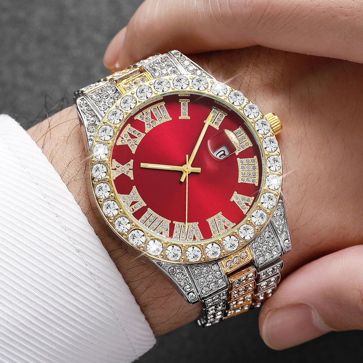 Men's Steel Band Quartz Watch Hip-Hop Business Steel Band Calendar Full Diamond Men's Watch Qme