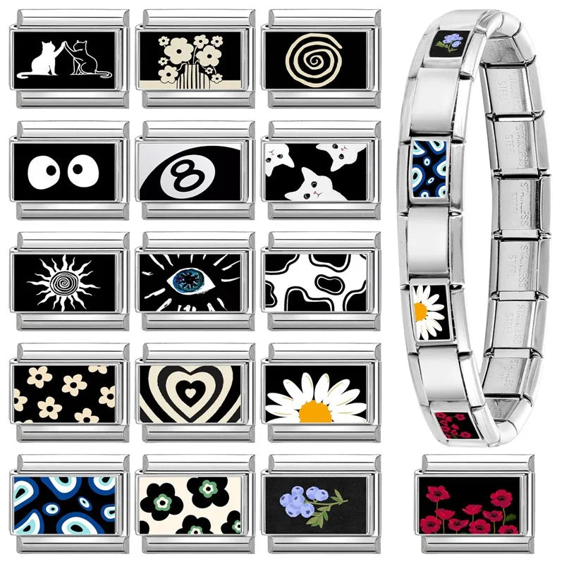 Fashion 2025 Cute White Cat Flowers Daisy Eyes Italian Links Charm Fit 9mm Stainless Steel Gift Modular Bracelet Jewelry Making Qme
