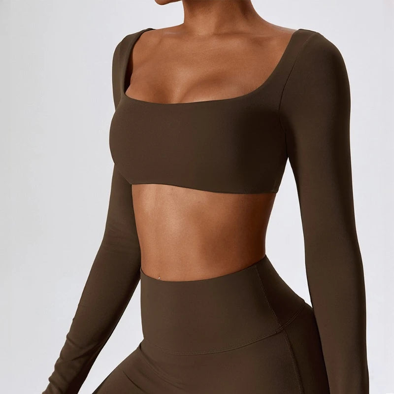 A Summer Casual Quick Dry Sportswear Women Square Neck Gym Top Women Fitness Sports Crop Top Long Sleeve Yoga Clothing Qme