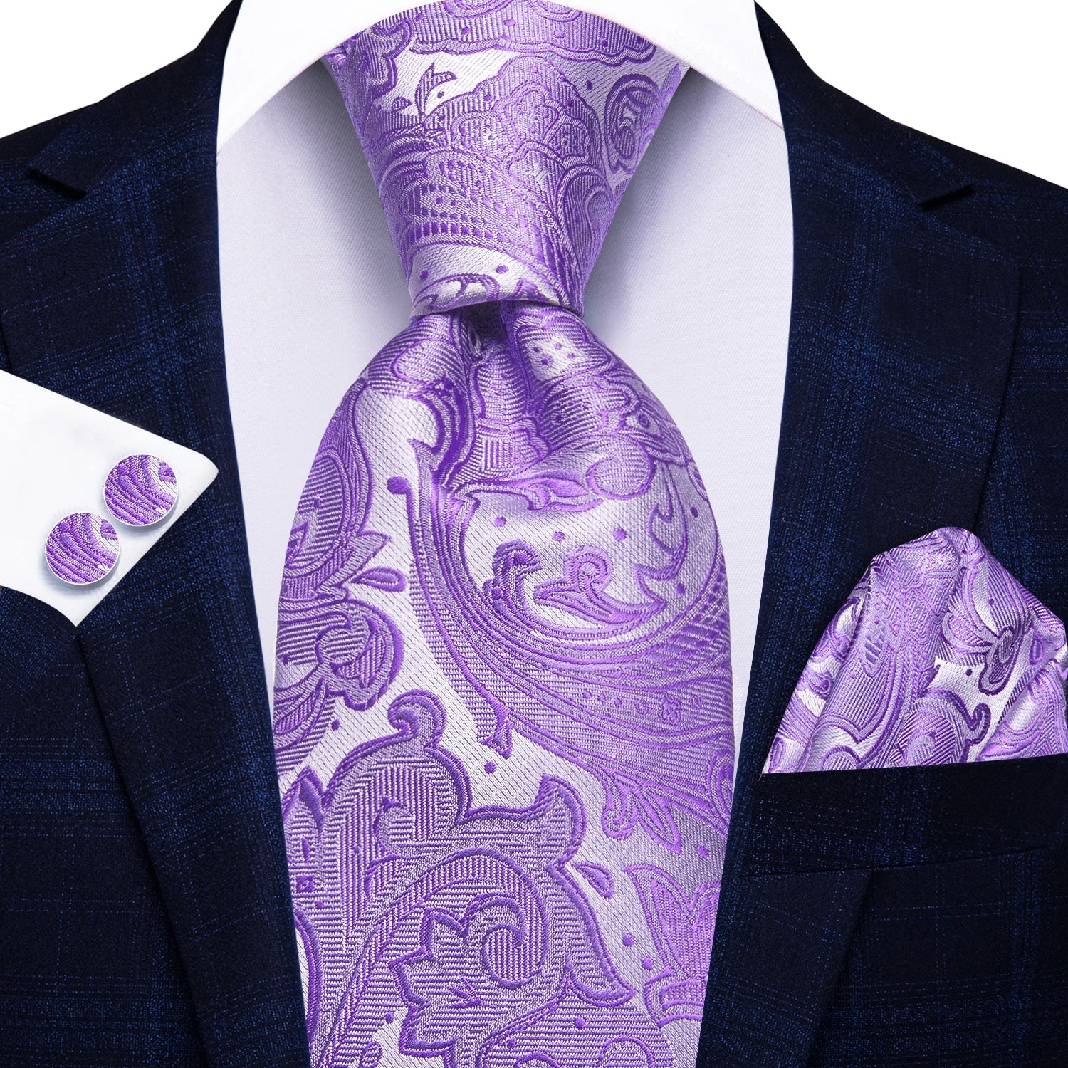 Hi-Tie Purple Floral Novelty Men Elegant Necktie Handkerchief Cufflinks for Tuxedo Fashion Classic Silk Luxury Tie for Man Qme N-4057
