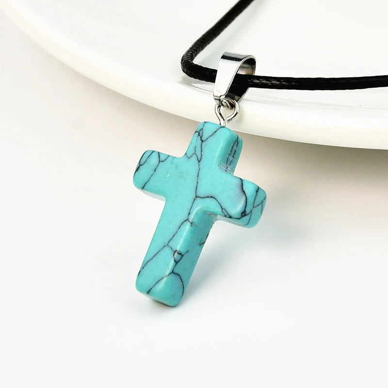 Natural Stone Cross Pendant Necklace, Colorful Punk Rock Style, Street Cool Vintage Y2K Goth Hip Hop Jewelry for Men and Women Qme A9