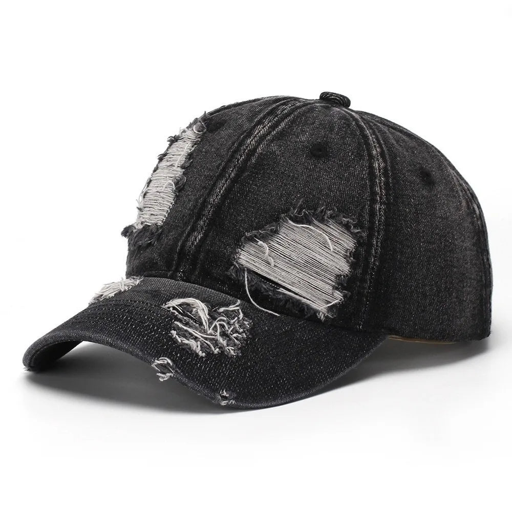 Retro Ripped Washed Denim Baseball Cap Frayed Soft Duckbill Curved Qme Black