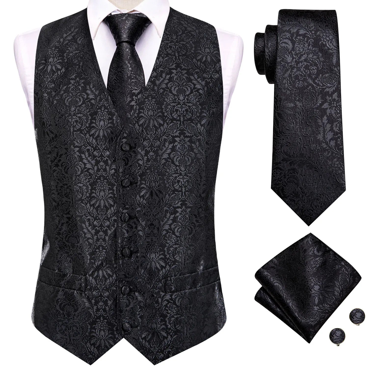 Hi-tie Silk Mens Suit Vests Woven Black Paisley Waistcoat Tie Pocket Qme