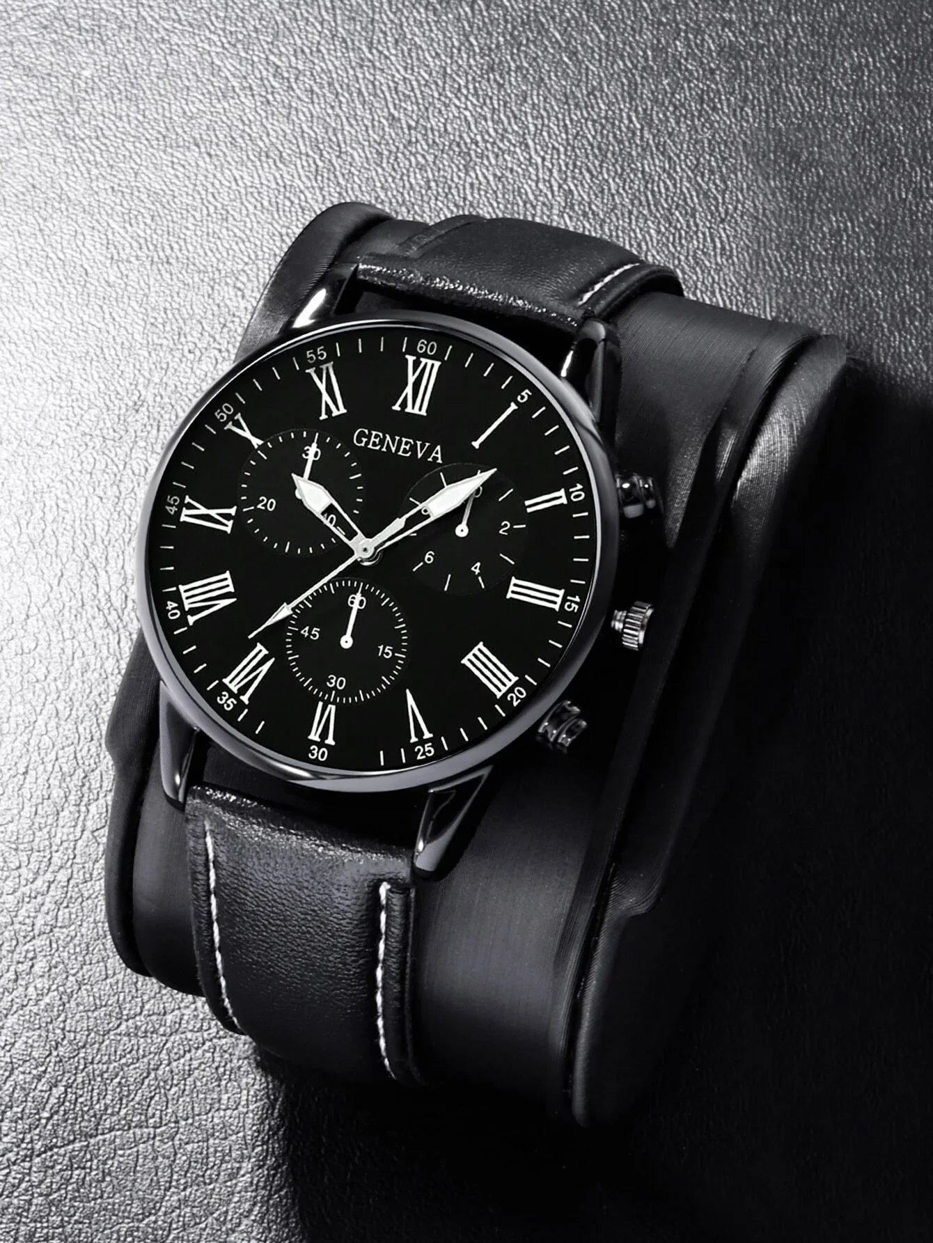 2Pcs Geneva Couple Men Watch Set Black Suede Leather Chronograph Quartz Wristwatch Roman Dial Black White Dual Face Gift Qme Black D