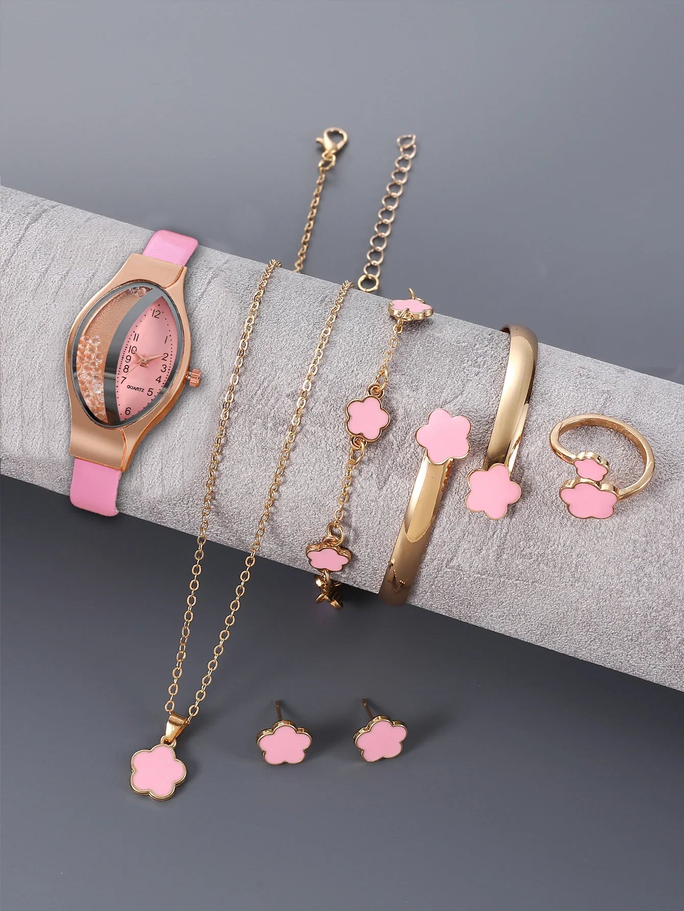 Hot selling fine leather with rhinestones, fashionable women's watch, half diamond ball rolling sand women's quartz watch Qme pink No