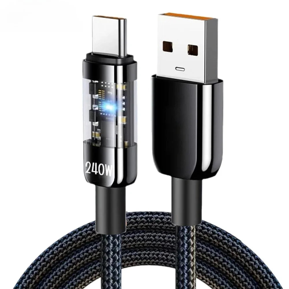 240W Fast Charging Line 10A USB A To Type C Interface Nylon Braided Transparent Type C Highspeed Charger Wire For iPhone Samsung Qme Black 0.25m