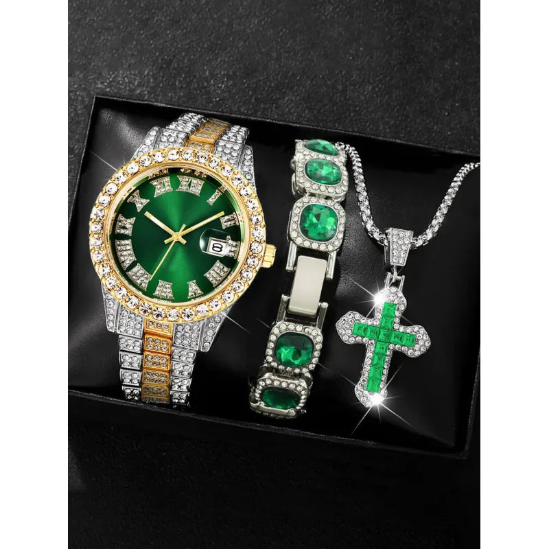 Men's Full Diamond Two-tone Watch and Jewelry Combo Set, Iced Out Green Stone Bracelet + Cross Pendant + Watch, Perfect Gift Qme Pink