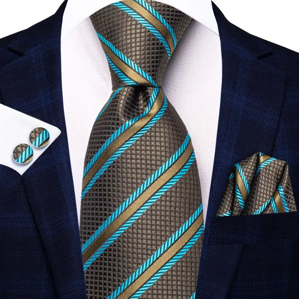 Hi-tie Men Fashion Striped Navy Blue Necktie Handkerchief Cufflinks Qme 3752