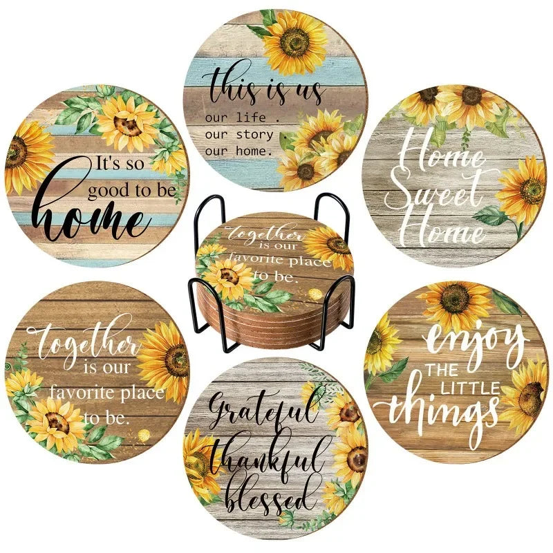Vintage Sunflower Drink Coasters Holder Absorbent Wood Coaster Qme
