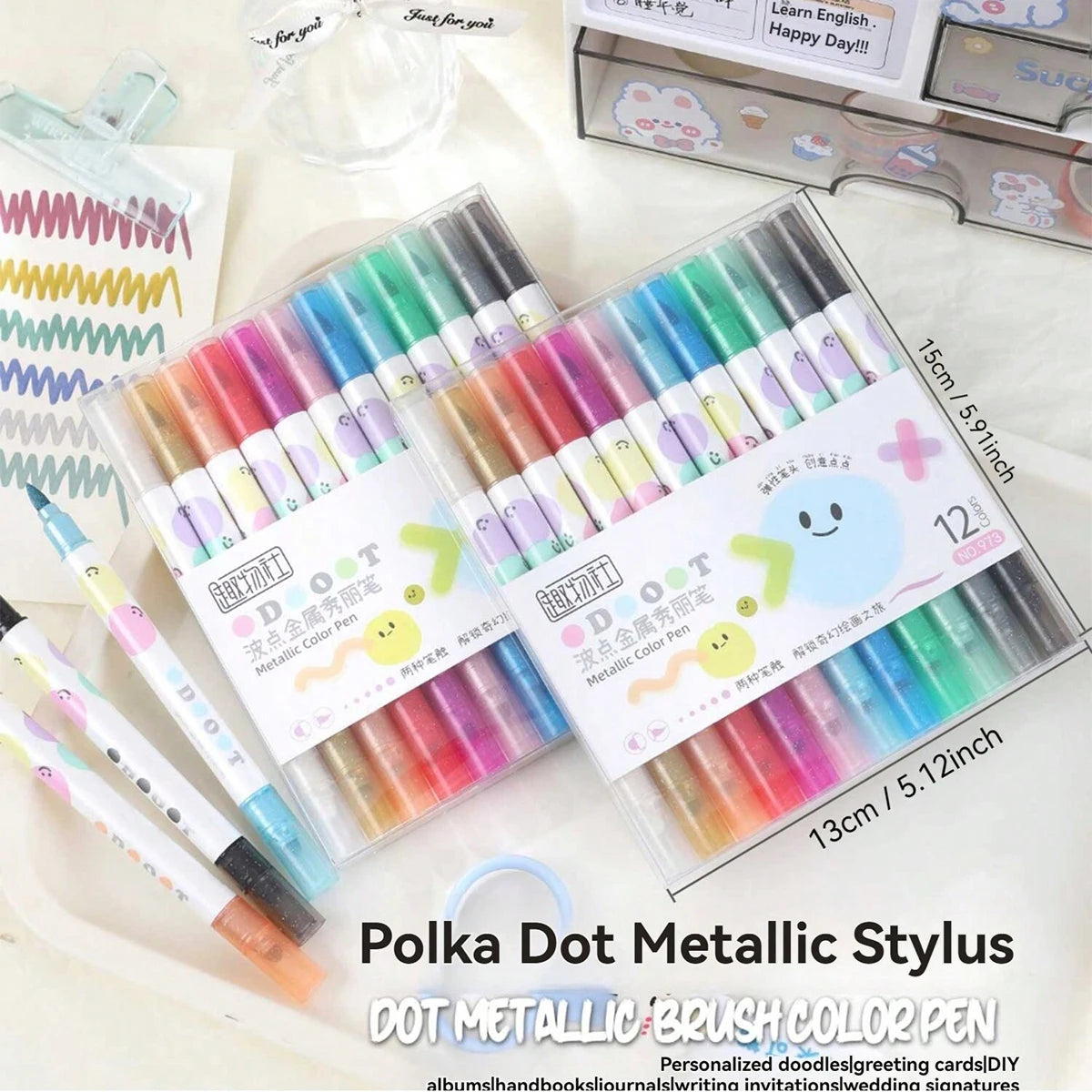 12 Colors Kawaii Double Tips Wave Dot Metallic Marker Highlighter Pens DIY Scrapbook Painting Stationery School Office Supplies Qme