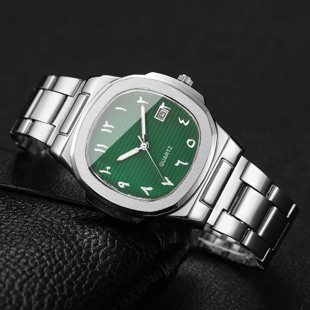 Men's Silver Watch Jewelry Set, 2Pcs Green Dial Arabic Numeral Watch + Cuban Bracelet, Minimalist Casual Style Qme