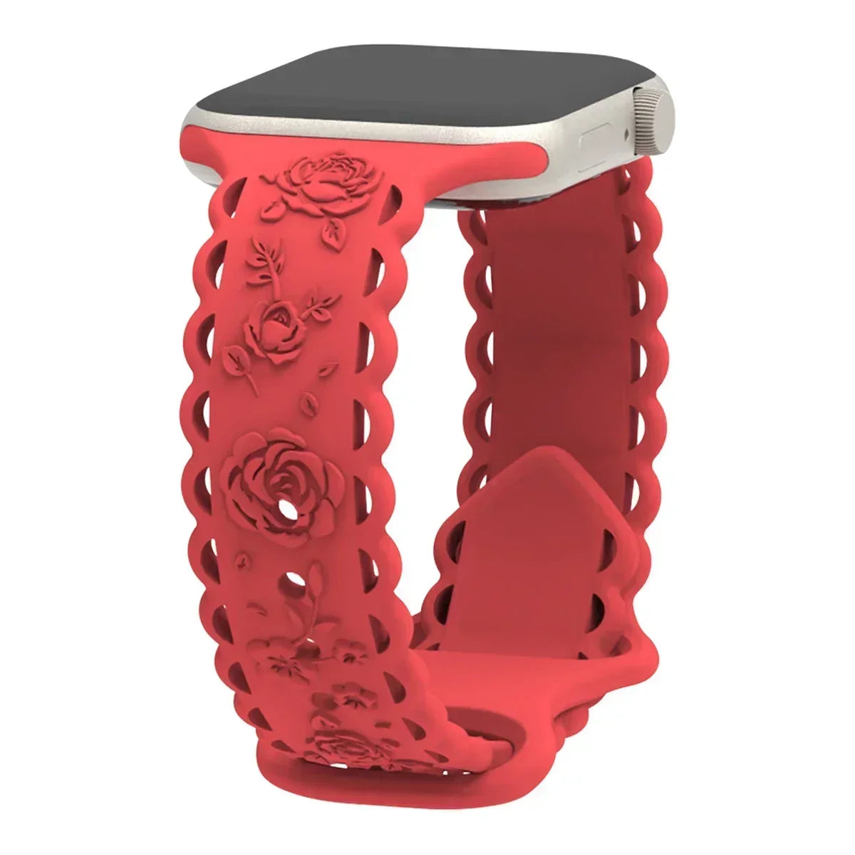 Engraved Floral Strap for Apple Watch Ultra2 49mm 45 44 42 41 40mm 38mm Silicone Band for IWatch Series 9/8/7/6/5/4/3/2/SE Ultra Qme Red 02 42mm 44mm 45mm 49mm