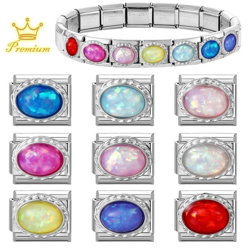 2026 Y2K Shiny Opal Gems Oval Bright Italian Charm Links Fit 9mm Stainless Steel Bracelet Women Jewelry DIY Making Dropshipping Qme