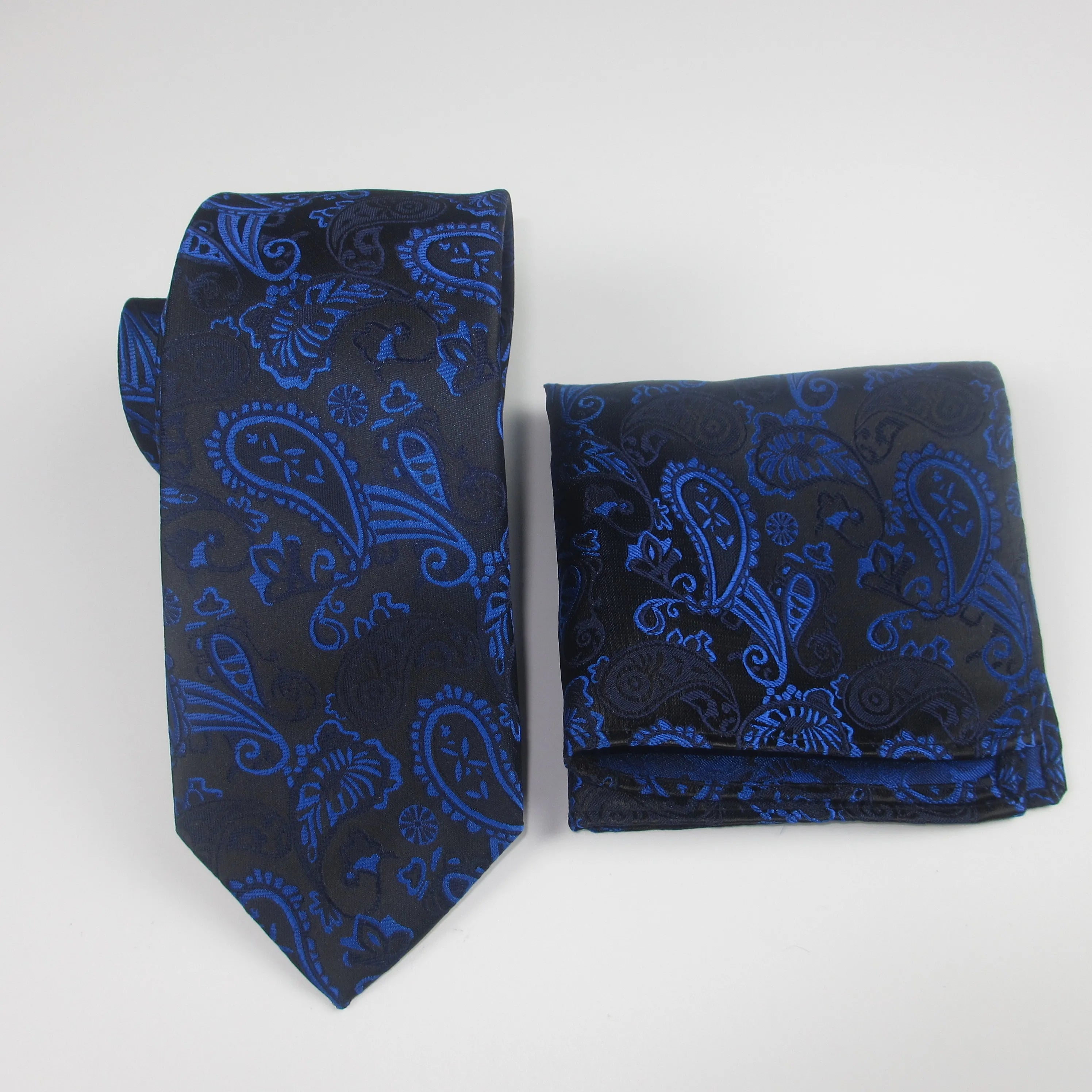 Men's Tie Pocket Square Paisley Flower Dots Hankerchief Narrow Thin Qme Blue