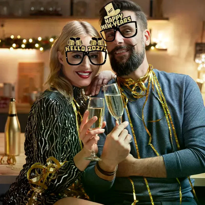 6/12/18pcs 2027 Happy New Year Party Paper Glasses Black Gold Glitter For New Years Eve Gatherings Photo Booth Props Qme