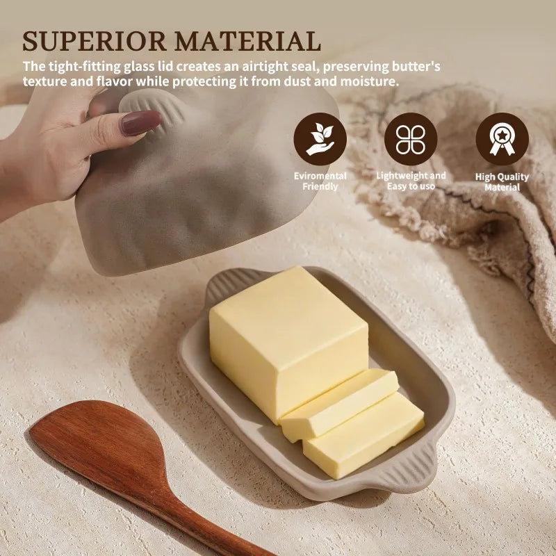 Handmade Coarse Ceramic Butter Dish Lid Creative Textured Rectangular Qme