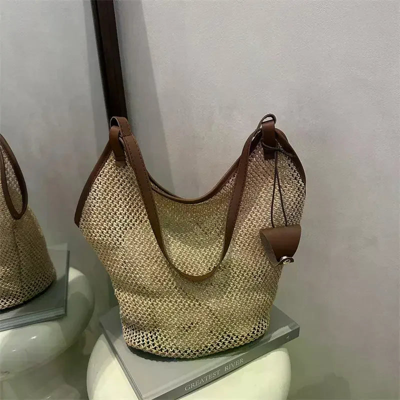 Hollow Out Straw Woven Bag Parent Shoulder Bag Tote Bagwith Sunglasses Clip Bohemian Beach Handbag Bucket Bag Qme