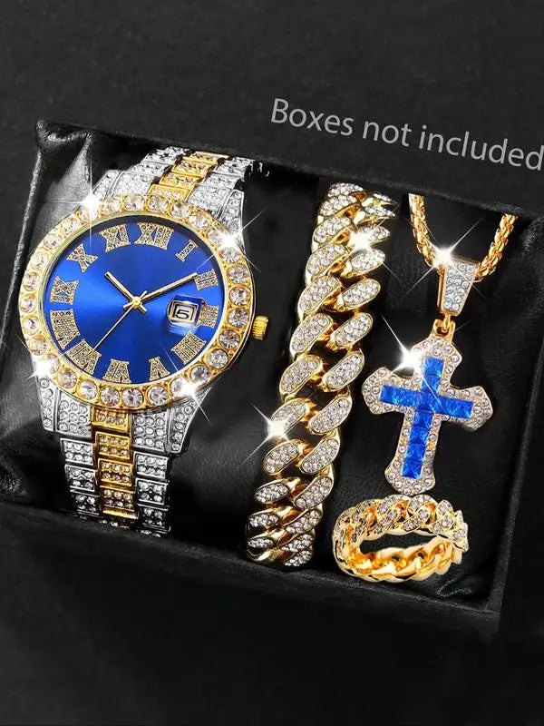Stainless Steel Watch Set with Roman Numerals, Cuban Link Bracelet & Cross Pendant Necklace, Unisex Casual Quartz Wristwatch Gif Qme Blue