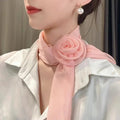 Versatile Rose Design Silk Scarf Soft Neckerchief Girls Women Long Qme Pink