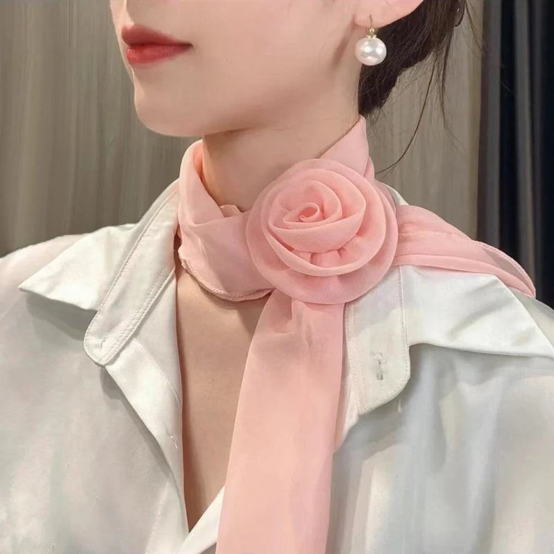 Versatile Rose Design Silk Scarf Soft Neckerchief Girls Women Long Qme Pink