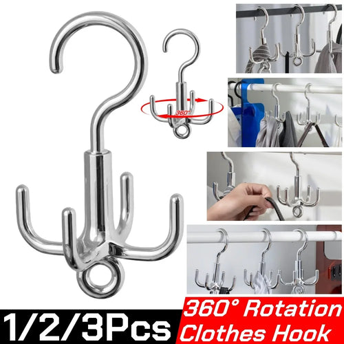 1/2/3Pcs Multifunctional Rotating Clothes Hook Punch Free 4-Claw 360° Rotating Scarf Hanging Storage Hooks for Wardrobe Storage Qme